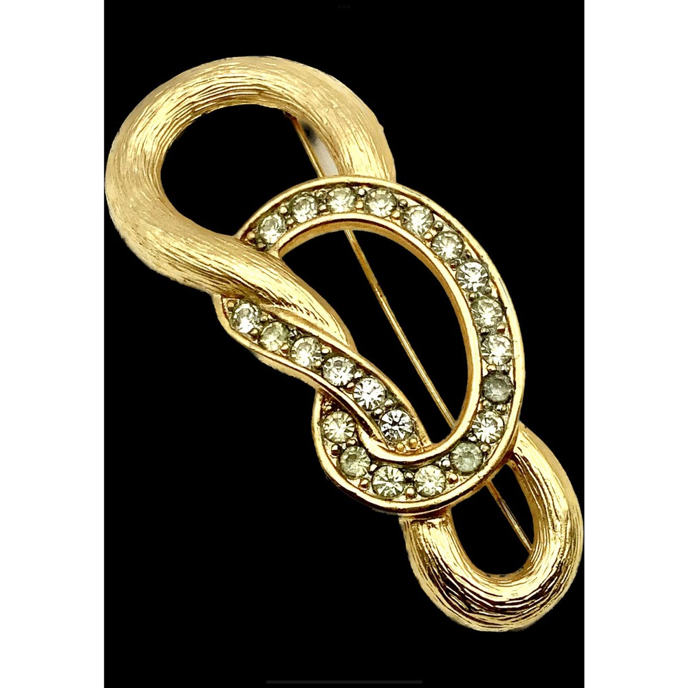 Large Vintage Brushed Gold Pin with inset rhinestones